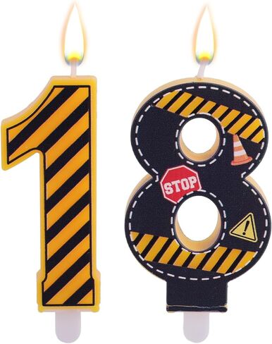 2pcs Caution Logo Number 16th Birthday Candles, Yellow and Black Striped Candle Novelty Construction Traffic Cone & Caution Barrier Cake Decorations for Boys Girls Kids Birthday Supplies (Number 16) in Kuwait