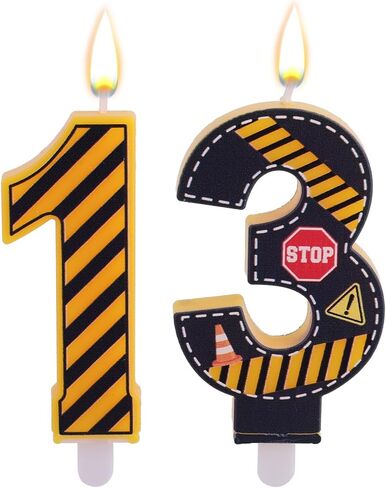2pcs Caution Logo Number 16th Birthday Candles, Yellow and Black Striped Candle Novelty Construction Traffic Cone & Caution Barrier Cake Decorations for Boys Girls Kids Birthday Supplies (Number 16) in Kuwait