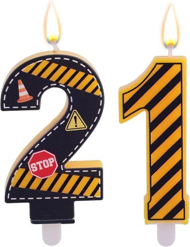 2pcs Caution Logo Number 16th Birthday Candles, Yellow and Black Striped Candle Novelty Construction Traffic Cone & Caution Barrier Cake Decorations for Boys Girls Kids Birthday Supplies (Number 16) in Kuwait