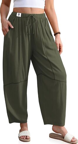 TARSE Women's Linen Harem Pants Baggy Drawstring Waist Casual Contrast Stitching Wide Leg Barrel Pants with Pockets in Kuwait