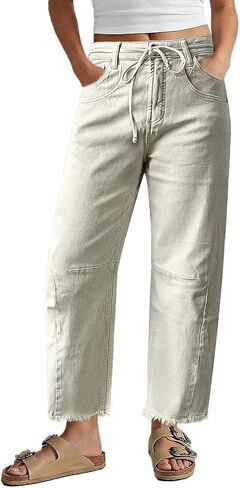 Flamingals Barrel Leg Mid Rise Pants for Women Solid Stitch Detail Raw Hem Drawstring Trendy Loose Fit Pants in Kuwait