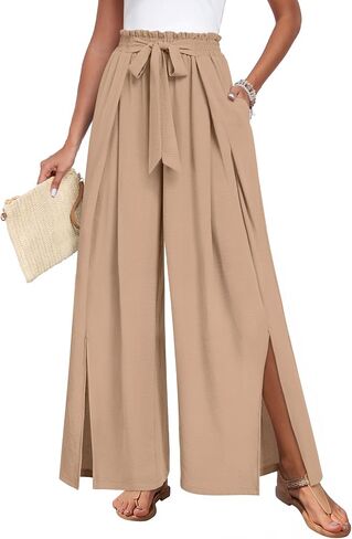 Women's Wide Leg Slit Pants High Waist Flowy Boho Palazzo Trousers with Pockets in Saudi Arabia