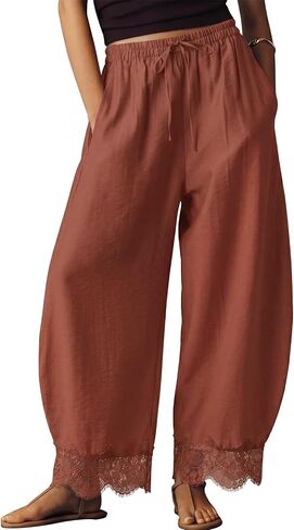 EXLURA Women Cotton Lace Trim Wide Leg Pants Summer Casual Cropped Drawstring Elastic Waist Lightweight Trousers with Pockets in Kuwait