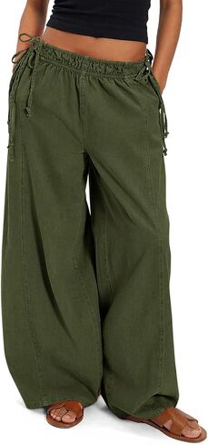 Fisoew Womens Wide Leg Casual Pants Summer Drawstring Elastic Waist Loose Cotton Pants with Pockets in Kuwait