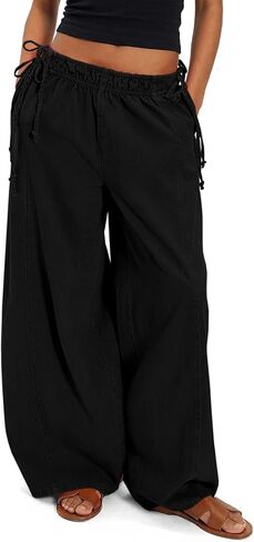 Fisoew Womens Wide Leg Casual Pants Summer Drawstring Elastic Waist Loose Cotton Pants with Pockets in Kuwait