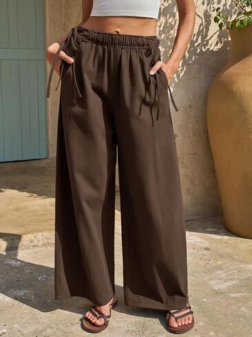 Fisoew Womens Wide Leg Casual Pants Summer Drawstring Elastic Waist Loose Cotton Pants with Pockets in Kuwait