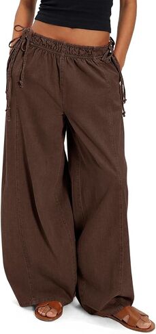 Fisoew Womens Wide Leg Casual Pants Summer Drawstring Elastic Waist Loose Cotton Pants with Pockets in Kuwait