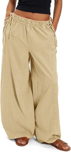 Fisoew Womens Wide Leg Casual Pants Summer Drawstring Elastic Waist Loose Cotton Pants with Pockets in Kuwait