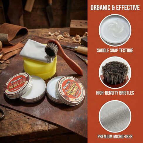 Complete Leather Care Kit, 6-Piece Set | Premium Mink Oil, Saddle Soap, Horsehair Brush, Shine Cloth, Sponge in Saudi Arabia