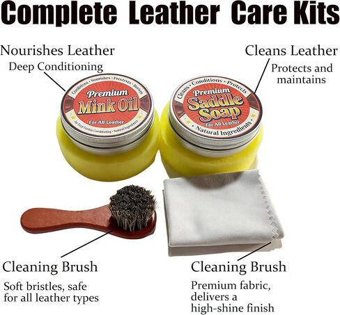 Complete Leather Care Kit, 6-Piece Set | Premium Mink Oil, Saddle Soap, Horsehair Brush, Shine Cloth, Sponge in Saudi Arabia