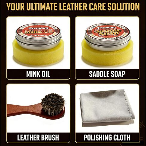 Complete Leather Care Kit, 6-Piece Set | Premium Mink Oil, Saddle Soap, Horsehair Brush, Shine Cloth, Sponge in Saudi Arabia