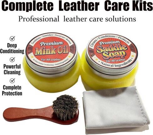 Complete Leather Care Kit, 6-Piece Set | Premium Mink Oil, Saddle Soap, Horsehair Brush, Shine Cloth, Sponge in Saudi Arabia