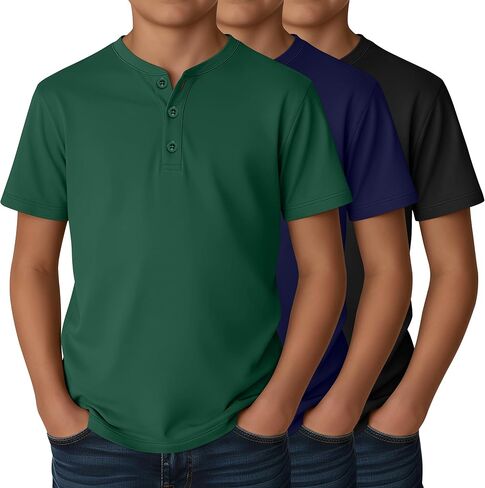 Ficerd 3 Pack Boys T-Shirts Kids Short Sleeve Henley Crew Neck Tops Teen Casual Loose Tees with 3 Buttons 5-16 Years in Kuwait