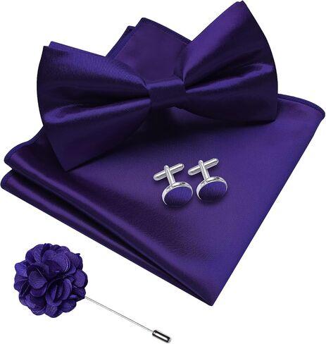 DiBanGu Mens Pre-tied Bow Tie Pocket Square and Cufflinks Set | Mens Satin Bow Tie Set 4PCS, Solid Pre-tied Bowtie, Great Gift Box, Wedding Business Formal in Kuwait