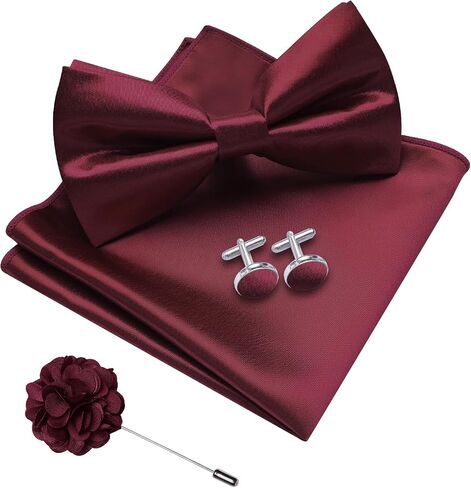 DiBanGu Mens Pre-tied Bow Tie Pocket Square and Cufflinks Set | Mens Satin Bow Tie Set 4PCS, Solid Pre-tied Bowtie, Great Gift Box, Wedding Business Formal in Kuwait