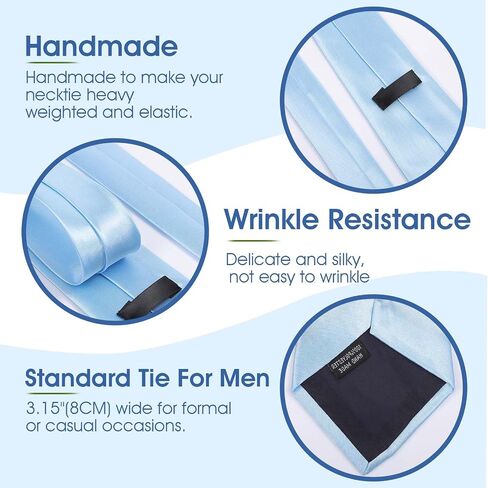 Men's Light Blue Tie and Pocket Square Set, Formal Polyester Silk Blend Necktie 58 Inches with Matching Handkerchief for Weddings and Business in Saudi Arabia