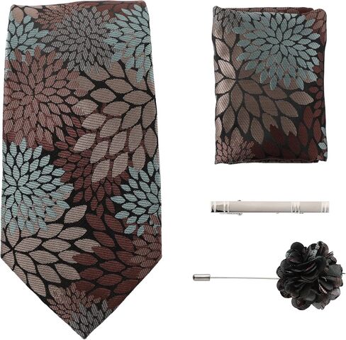 Men's Modern Floral Jacquard Tie Set - 4PC Necktie, Pocket Square, Tie Clip & Flower Lapel Pin Set in Saudi Arabia
