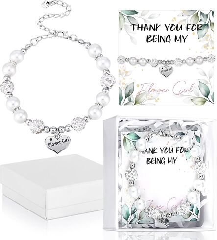 Yinkin 2 Sets Flower Girl Bracelet Wedding Set 2 Proposal Wristbands 2 Cards 2 Box with Raffia Heart Charm Wristbands Gift Thank You for Being My Flower Girl(White) in Kuwait