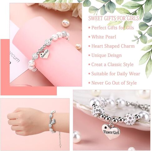 Yinkin 2 Sets Flower Girl Bracelet Wedding Set 2 Proposal Wristbands 2 Cards 2 Box with Raffia Heart Charm Wristbands Gift Thank You for Being My Flower Girl(White) in Kuwait