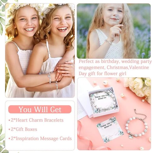 Yinkin 2 Sets Flower Girl Bracelet Wedding Set 2 Proposal Wristbands 2 Cards 2 Box with Raffia Heart Charm Wristbands Gift Thank You for Being My Flower Girl(White) in Kuwait