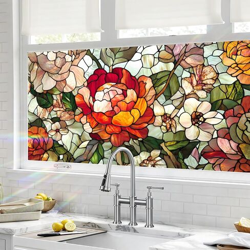 BVBOX Window Privacy Film 17.5" x 39.3", Stained Flowers Sun Blocking Stained Glass Window Film Sticker, Non Adhesive Decorative Glass Clings for Home Door Heat Control in Saudi Arabia