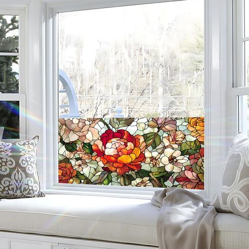 BVBOX Window Privacy Film 17.5" x 39.3", Stained Flowers Sun Blocking Stained Glass Window Film Sticker, Non Adhesive Decorative Glass Clings for Home Door Heat Control in Saudi Arabia