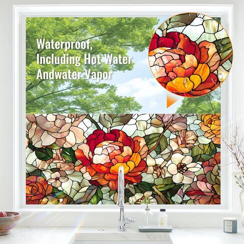 BVBOX Window Privacy Film 17.5" x 39.3", Stained Flowers Sun Blocking Stained Glass Window Film Sticker, Non Adhesive Decorative Glass Clings for Home Door Heat Control in Saudi Arabia