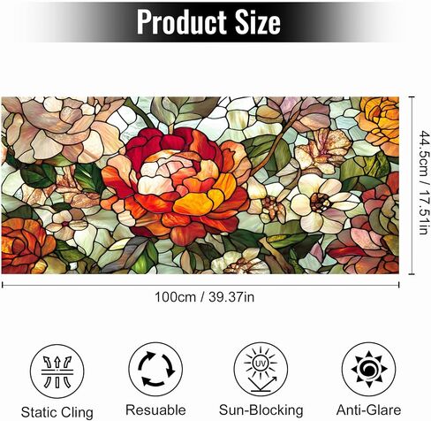 BVBOX Window Privacy Film 17.5" x 39.3", Stained Flowers Sun Blocking Stained Glass Window Film Sticker, Non Adhesive Decorative Glass Clings for Home Door Heat Control in Saudi Arabia