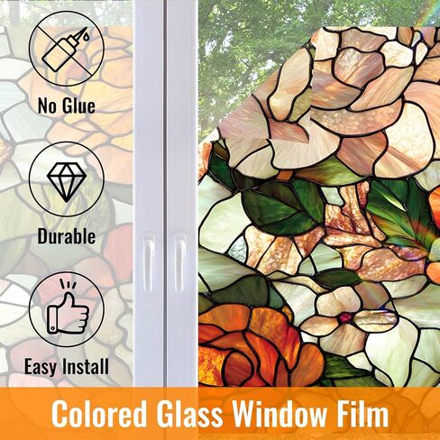 BVBOX Window Privacy Film 17.5" x 39.3", Stained Flowers Sun Blocking Stained Glass Window Film Sticker, Non Adhesive Decorative Glass Clings for Home Door Heat Control in Saudi Arabia