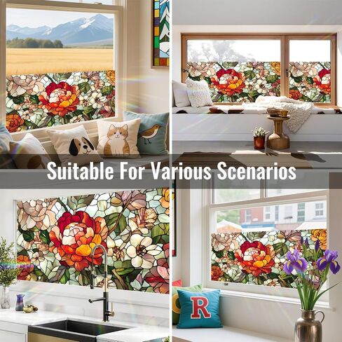 BVBOX Window Privacy Film 17.5" x 39.3", Stained Flowers Sun Blocking Stained Glass Window Film Sticker, Non Adhesive Decorative Glass Clings for Home Door Heat Control in Saudi Arabia