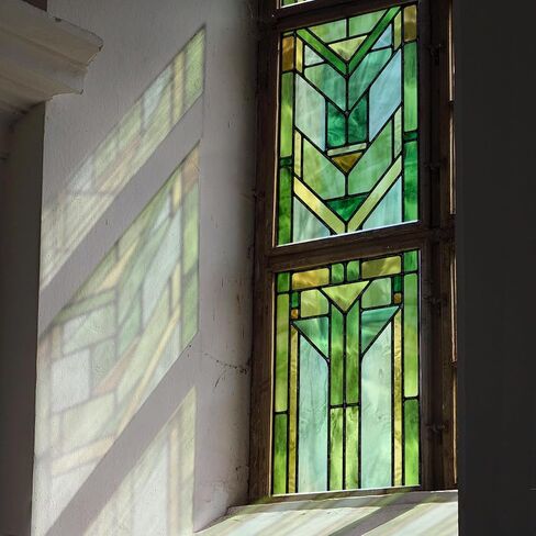 Faux Stained Glass Effect Transparent Window Film, Original Hand Drawn Static Cling Home Decal Inspired by Frank Lloyd Wright, 16.93" x84.65" Martin House, Green in Saudi Arabia