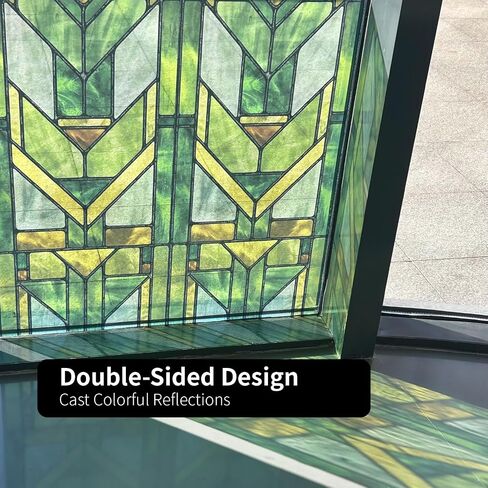 Faux Stained Glass Effect Transparent Window Film, Original Hand Drawn Static Cling Home Decal Inspired by Frank Lloyd Wright, 16.93" x84.65" Martin House, Green in Saudi Arabia