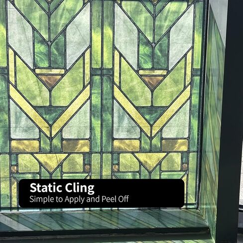 Faux Stained Glass Effect Transparent Window Film, Original Hand Drawn Static Cling Home Decal Inspired by Frank Lloyd Wright, 16.93" x84.65" Martin House, Green in Saudi Arabia