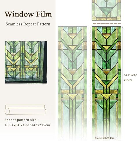 Faux Stained Glass Effect Transparent Window Film, Original Hand Drawn Static Cling Home Decal Inspired by Frank Lloyd Wright, 16.93" x84.65" Martin House, Green in Saudi Arabia