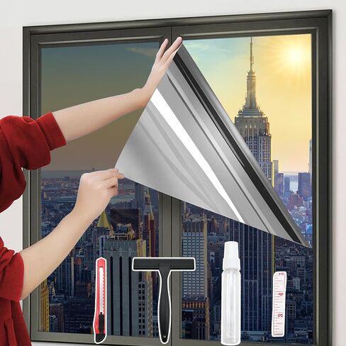One-Way Window Privacy Film with 4 Tools,Static Cling, Easy to Install & Remove, Window Tint for Home, Heat Control, UV and Light Blocking, Privacy Protection-Black-Silver 17.5"x78.7" in Saudi Arabia