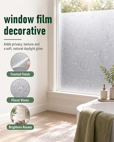 Static Cling Non-Adhesive Frosted Glass Window Film for Decorative Decals and Privacy Covering on Shower Doors and Bathroom Doors (Vine, 29.5" x 78.7") in Kuwait