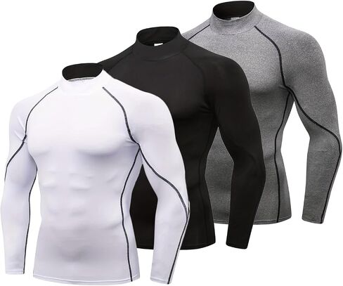 3 Pack Men's Compression Shirts Long Sleeve Mock Turtleneck Undershirts Quick Dry Athletic Workout Base Layer in Saudi Arabia