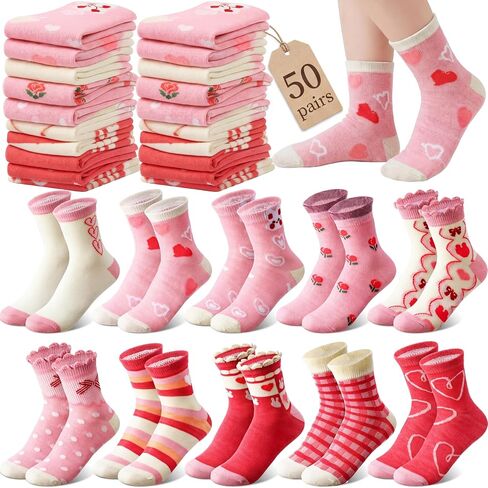50 Pairs of Girls Crew Socks Bulk, Cute Pink Ruffle Crew School Socks for Kids Girls 6-8 Years Everyday Wear in Kuwait