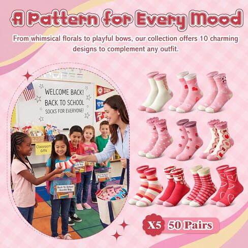 50 Pairs of Girls Crew Socks Bulk, Cute Pink Ruffle Crew School Socks for Kids Girls 6-8 Years Everyday Wear in Kuwait