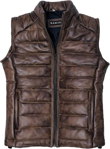 Mens Brown Quilted Lambskin Leather Vest With Removable Hood - Men Sleeveless Casual Style Motorcycle Puffer Jacket in Saudi Arabia