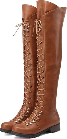 PPXID Womens Over Knee High Riding Combat Boots Lace Up Motorcycle Boots with Side Zipper in Saudi Arabia