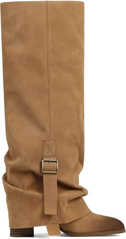 EQAUDES Knee High Boots Women Fold Over Slouchy Boot - Buckle Desgin, Hidden Zipper, Round Toe, Chunky Heel in Saudi Arabia