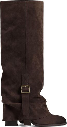 EQAUDES Knee High Boots Women Fold Over Slouchy Boot - Buckle Desgin, Hidden Zipper, Round Toe, Chunky Heel in Saudi Arabia
