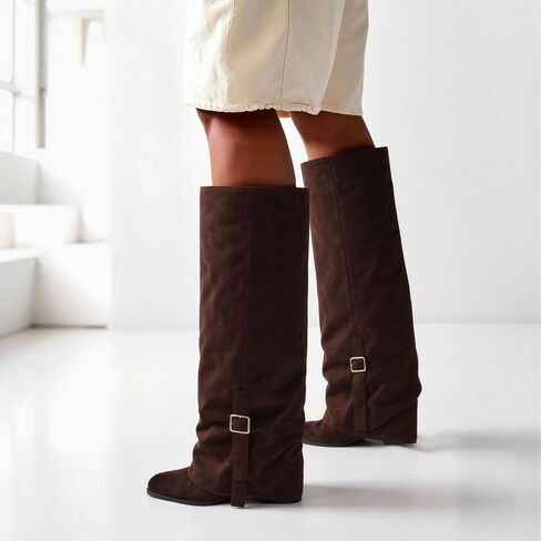 EQAUDES Knee High Boots Women Fold Over Slouchy Boot - Buckle Desgin, Hidden Zipper, Round Toe, Chunky Heel in Saudi Arabia