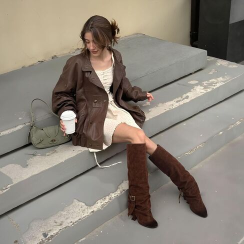 EQAUDES Knee High Boots Women Fold Over Slouchy Boot - Buckle Desgin, Hidden Zipper, Round Toe, Chunky Heel in Saudi Arabia