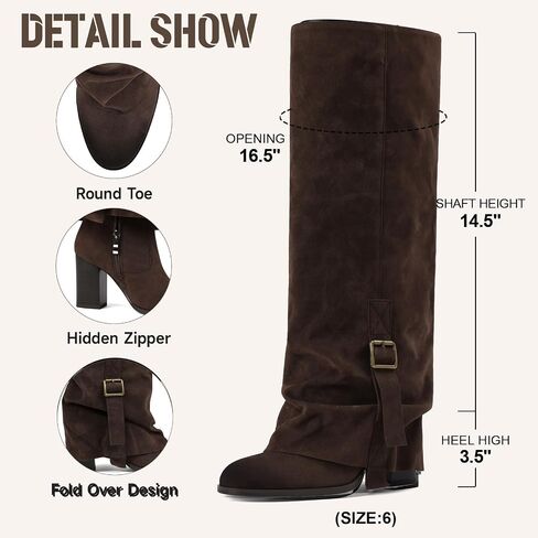 EQAUDES Knee High Boots Women Fold Over Slouchy Boot - Buckle Desgin, Hidden Zipper, Round Toe, Chunky Heel in Saudi Arabia