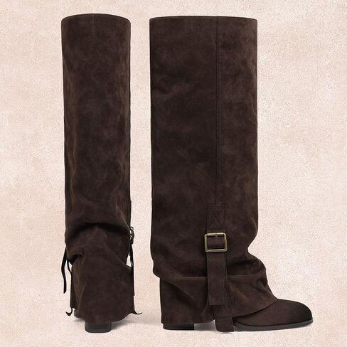EQAUDES Knee High Boots Women Fold Over Slouchy Boot - Buckle Desgin, Hidden Zipper, Round Toe, Chunky Heel in Saudi Arabia