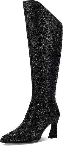 Patent Boots for Women Black 3 Inch High Heel Chunky Block Knee High Long Tall Comfort Dressy Boot in Saudi Arabia