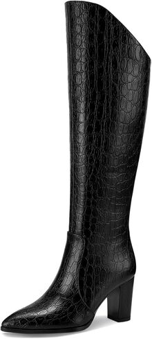 Patent Boots for Women Black 3 Inch High Heel Chunky Block Knee High Long Tall Comfort Dressy Boot in Saudi Arabia