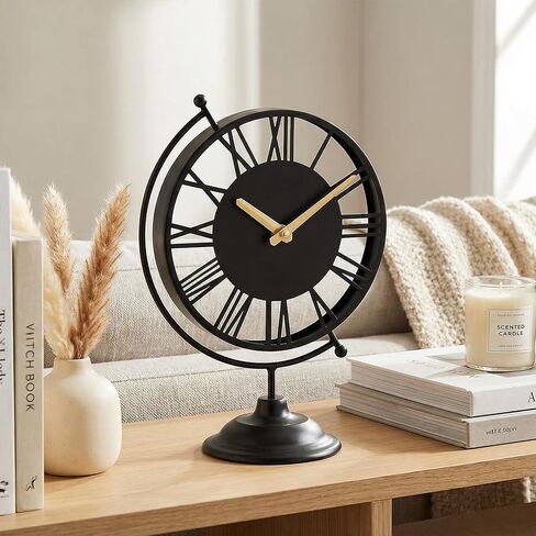 Vintage Black Globe Desk Clock - Silent Non-Ticking 10.8" Table Clock with Roman Numerals - Battery Operated Decorative Metal Shelf Clock for Living Room, Bedroom, Office, Mantel Decor in Saudi Arabia